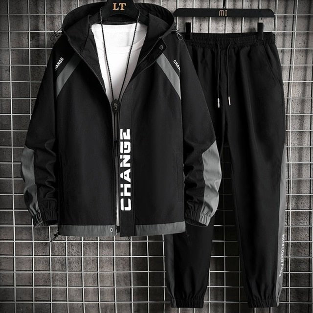 2021 Korean Style Men's Sets Clothes Fashion Patchwork Hip Hop Streetwear Hooded Tracksuit Male Casual Jogging Sweat Suits - DMI Store