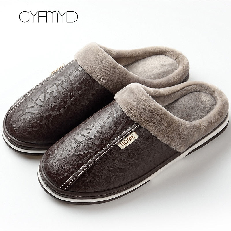 Men's Slippers Warm Shoes Thick Bottom Plush Waterproof Leather House Slippers