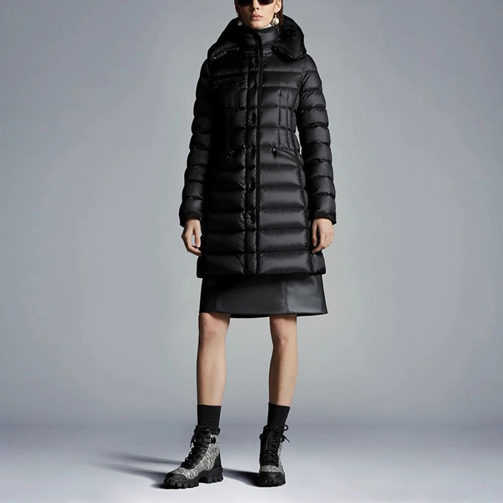 Down Jacket White Goose Waist Slim Thickened Warm Mid-length Hooded Down Jacket for Women