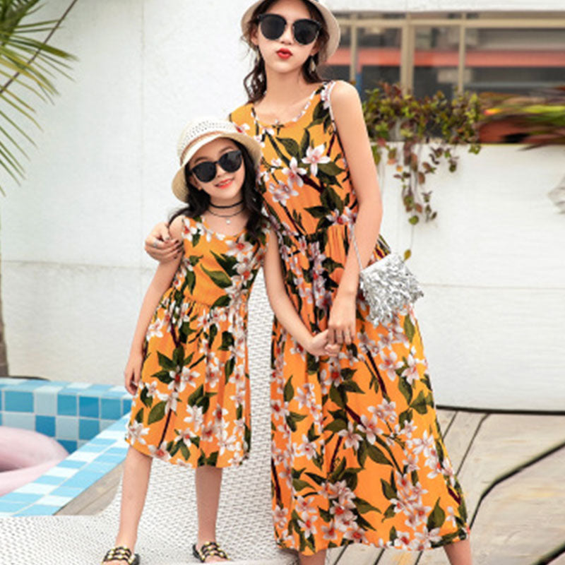 Family Matching Floral Sleeveless Mother Daughter Beach Dress