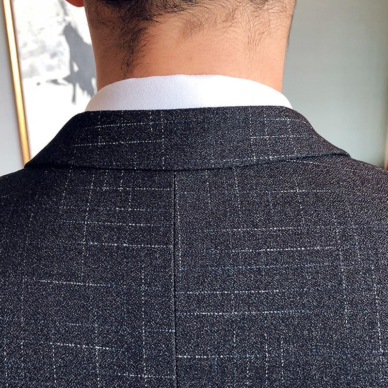 Three pieces set ( Blazer + Vest + Pants ) Elegant Suit Dark Plaid Classic Retro Men's Formal Business Wedding Dress