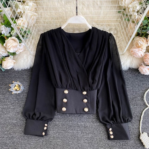 Lady's Shirt Autumn 2020 New Women's Retro British Double Breasted High Waist Short Chiffon Blouse Tops N971