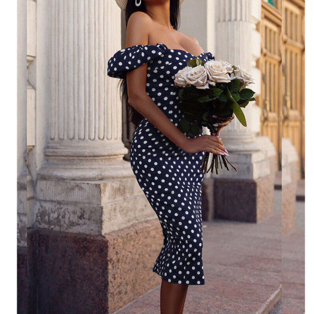 Elegant Bodycon Off Shoulder Polka Dot Sexy Party Dress for Women