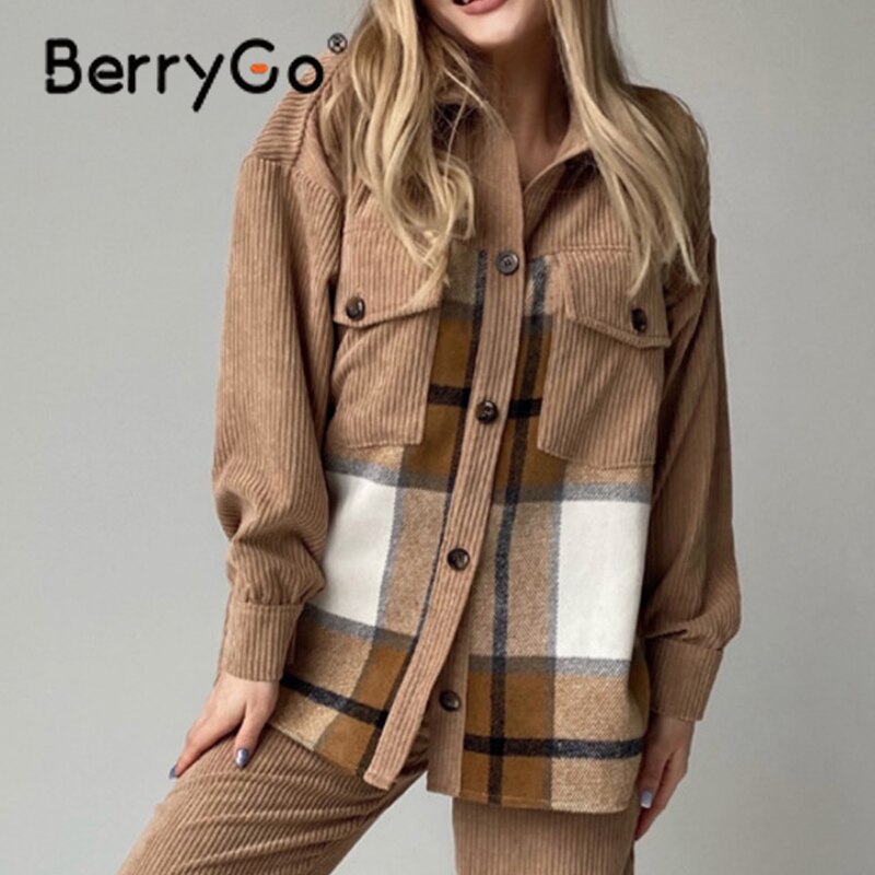 BerryGo Causal za plaid long sleeve women blouse autumn Office pocket female vintage blouse brown Causal shirt collar top coats