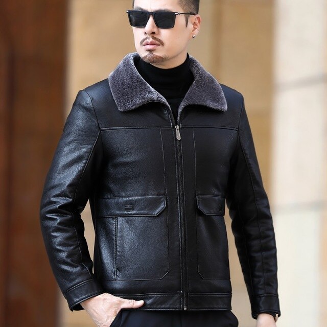 New Russian Winter Leather Jacket Top quality Faux Fur Warm Leather for men