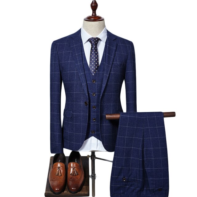 Plyesxale Brand Men Suit 2018 Slim Fit Mens Plaid Suits 3 Pieces Groom Wedding Suit High Quality Men's Suits Formal Q343