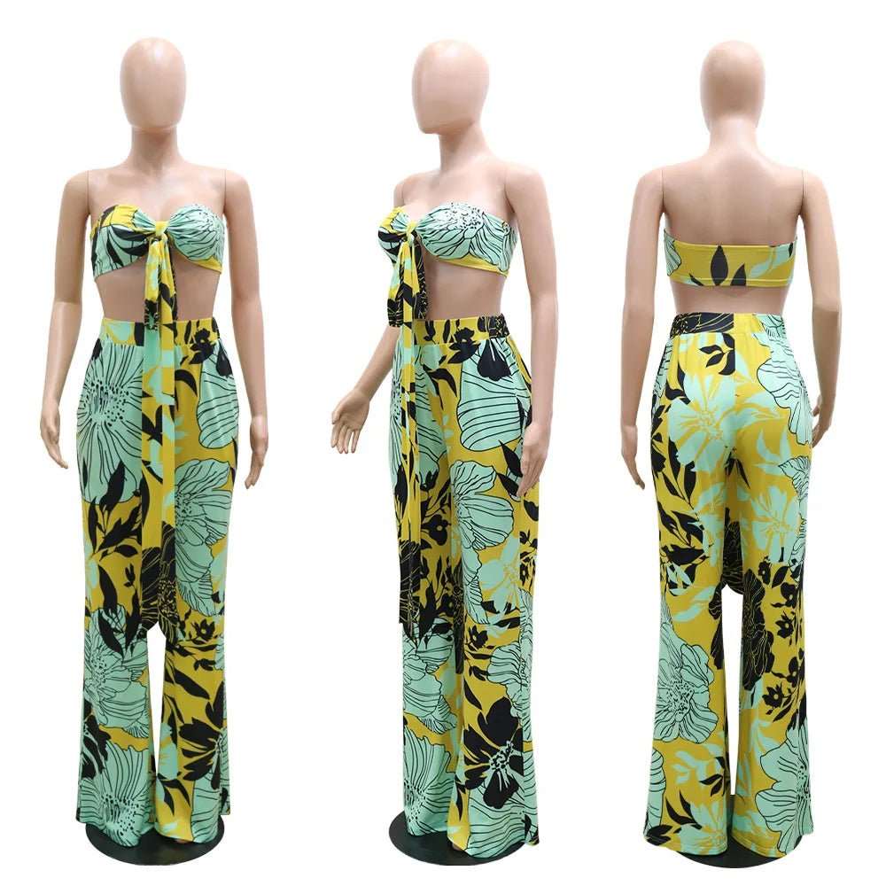 2 Piece Set Summer Autumn Print Women's Set Tops and Wide Legs Pants Suit Active Wear Tracksuit - Digital Merkato International (DMI)