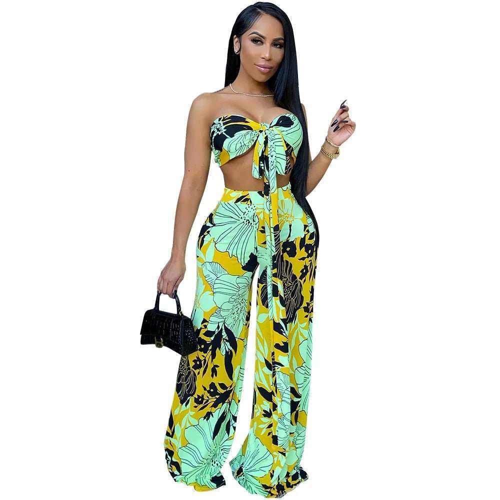 2 Piece Set Summer Autumn Print Women's Set Tops and Wide Legs Pants Suit Active Wear Tracksuit - Digital Merkato International (DMI)