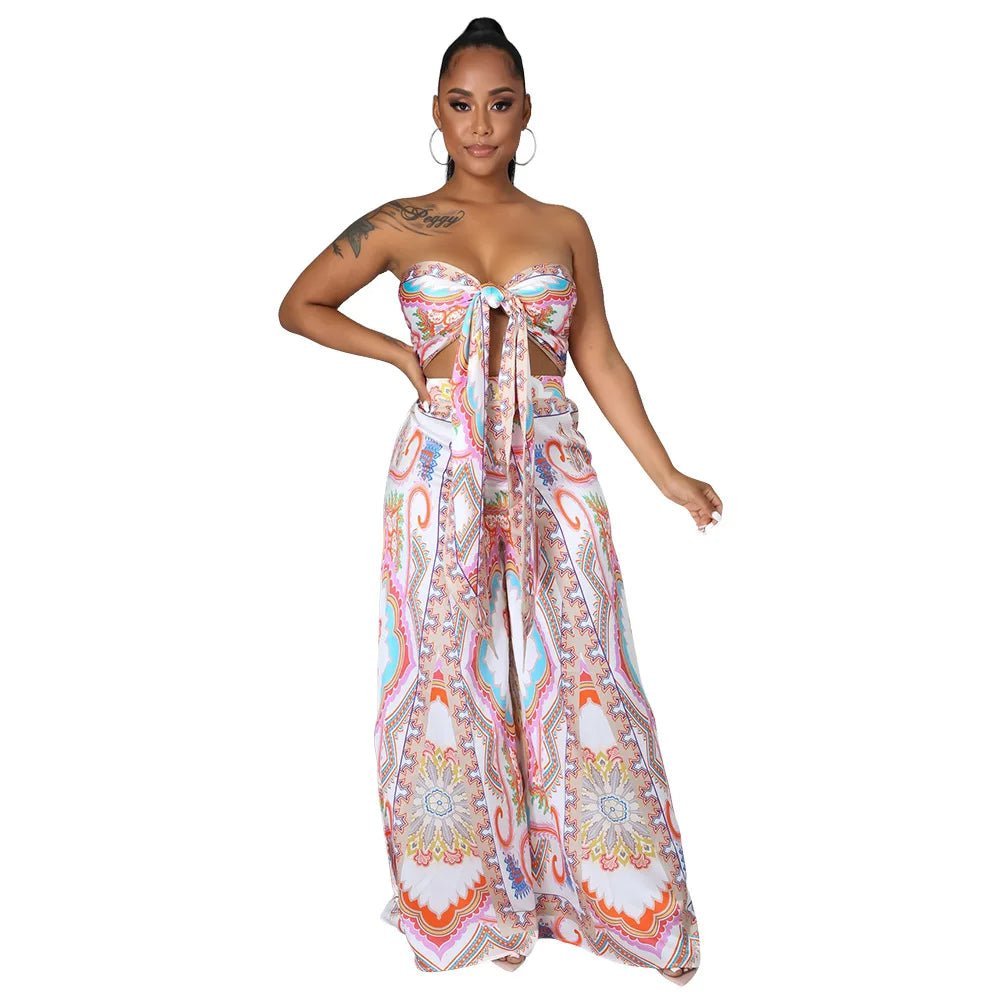 2 Piece Set Summer Autumn Print Women's Set Tops and Wide Legs Pants Suit Active Wear Tracksuit - Digital Merkato International (DMI)