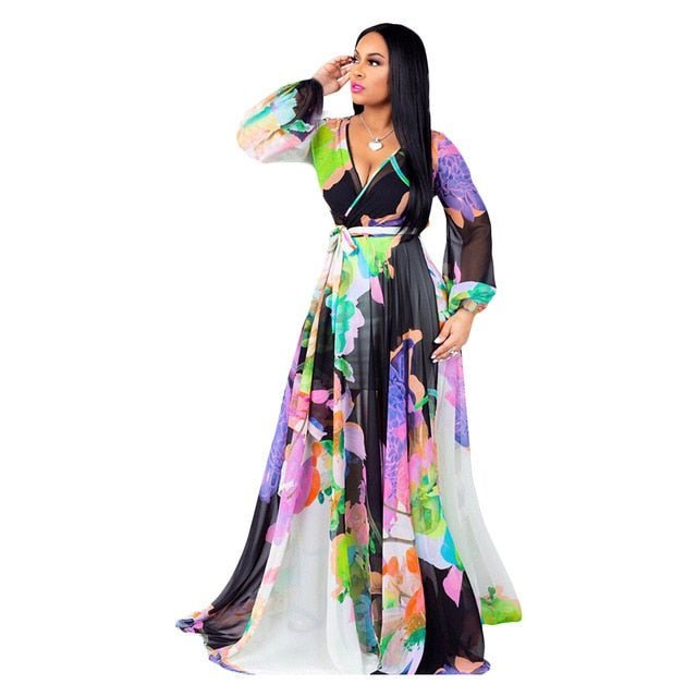 2021 Chiffon Long Sleeve Cross V - Neck Maxi Dress Bohemia Dress Full Plus Size Celebrity/Graduation/Dinner Dress Beach Sundress - Digital Merkato International (DMI)