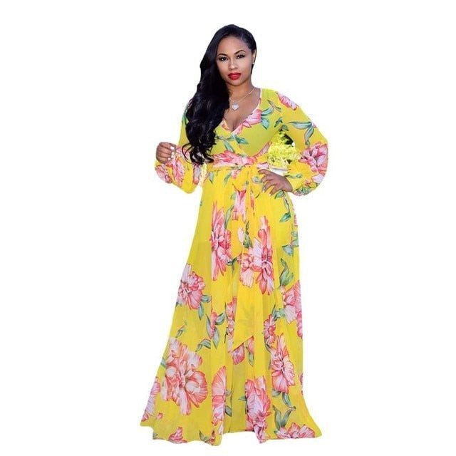 2021 Chiffon Long Sleeve Cross V - Neck Maxi Dress Bohemia Dress Full Plus Size Celebrity/Graduation/Dinner Dress Beach Sundress - Digital Merkato International (DMI)