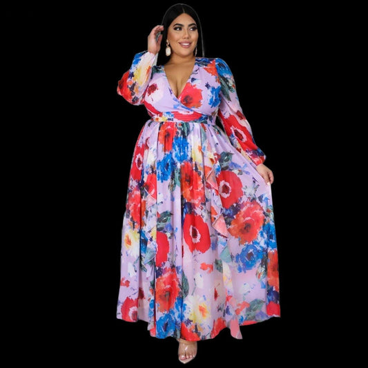 2021 Chiffon Long Sleeve Cross V - Neck Maxi Dress Bohemia Dress Full Plus Size Celebrity/Graduation/Dinner Dress Beach Sundress - Digital Merkato International (DMI)