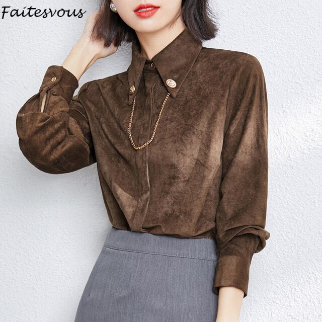 2021 New Long Sleeve Blouses With Chain Women Autumn Brown Suede Shirts Office Ladies Fashion Button Up Tops S - 2XL - DMI Store