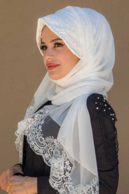 2021 New Season Turkey Wedding Stylish White Muslim Hijab Flowy Lace Hat Shawl Evening Dress Hijab Islamic Luxury Fashion Stylish And Elegant Design Trend Products For Women - DMI Store