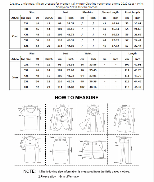 2022 African Clothes 2XL-5XL Christmas African Dresses for Women Fall Winter Clothing Femme Coat + Print Bondycon Dress