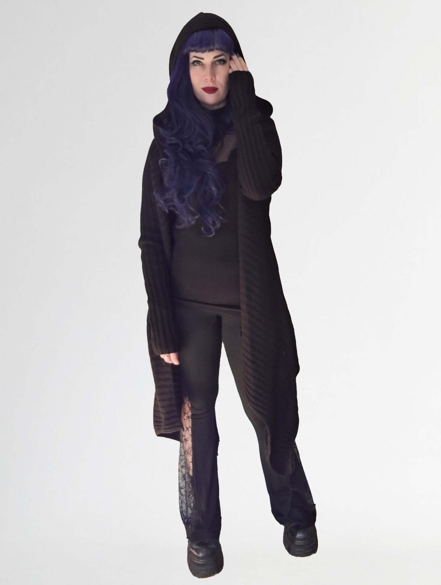 Necessary Evil Ribbed Sabrina Draped Cardigan with Hood