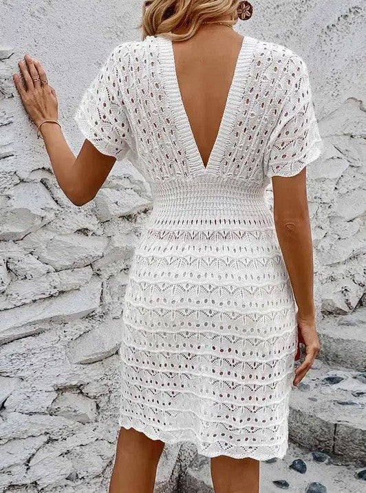 Deep v eyelet cover up dress