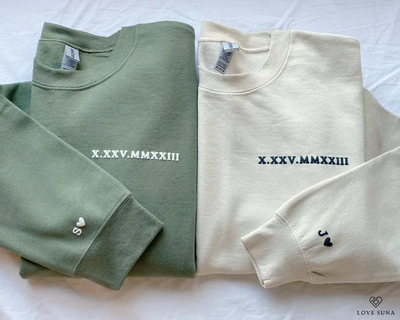 Custom Roman Numeral Date Sweatshirt with Sleeve Initials – Anniversary Gift