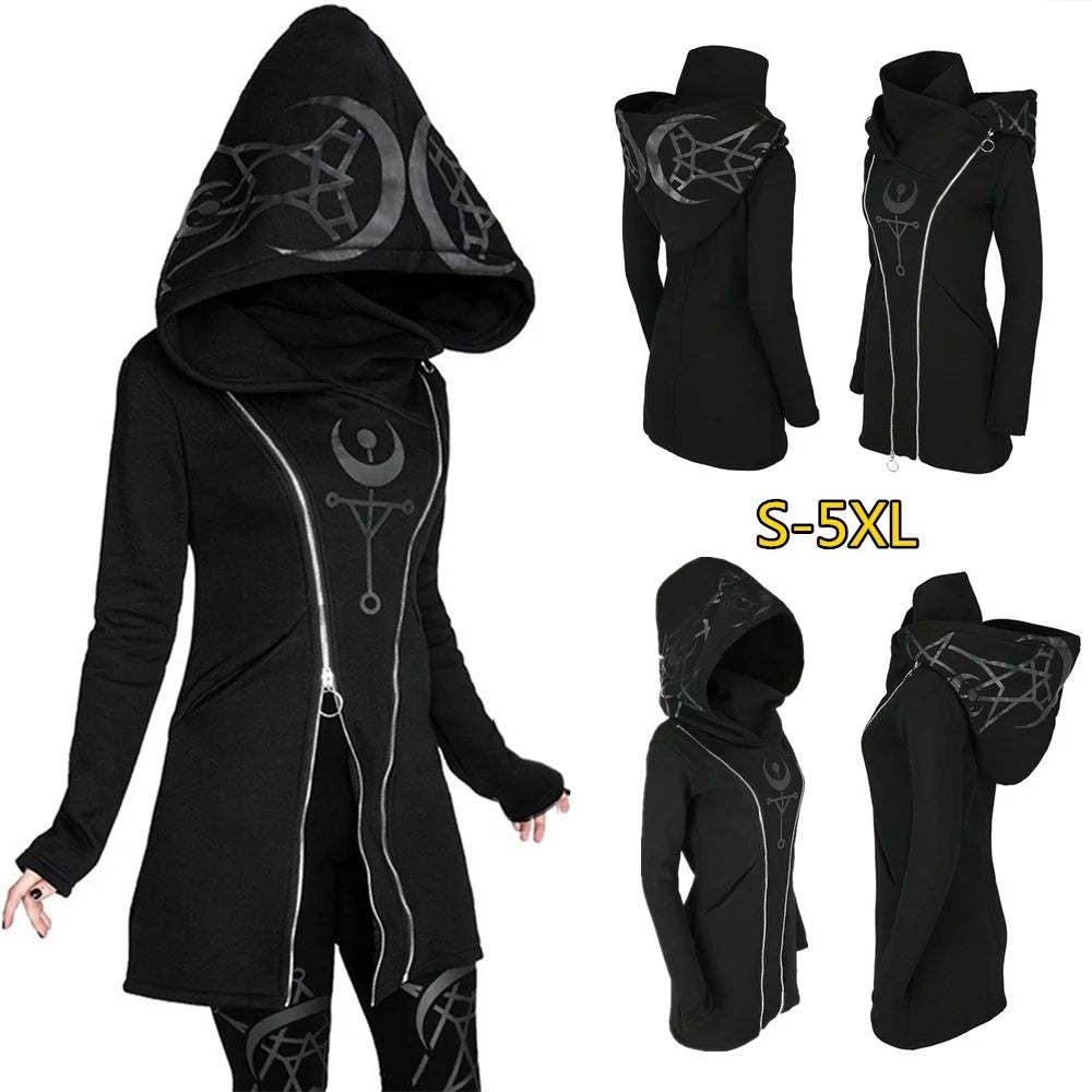 Plus Size Medieval Women's Punk Style Print Long Sleeve Double Zipper Hoodies