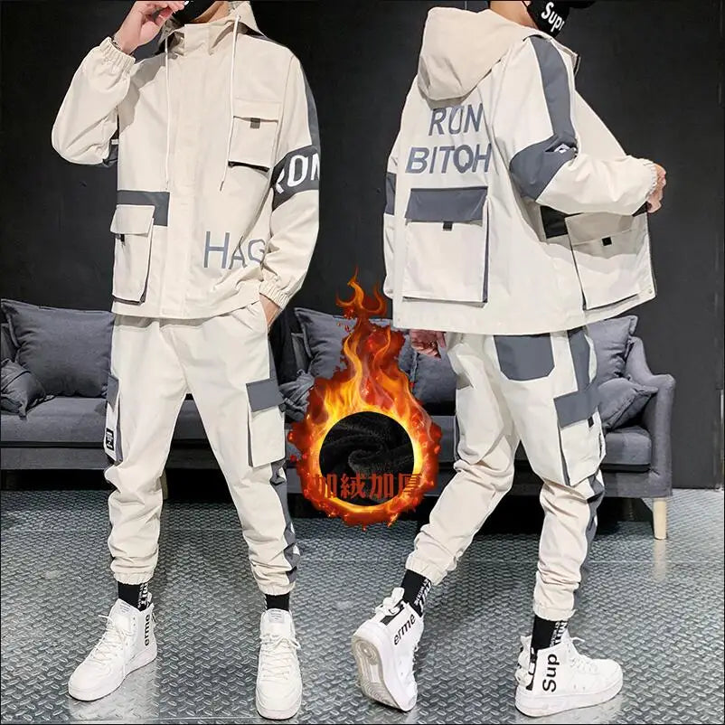 Men's Autumn Winter Sportswear Sets Fashion Two Piece Plus Velvet Thickening Jacket