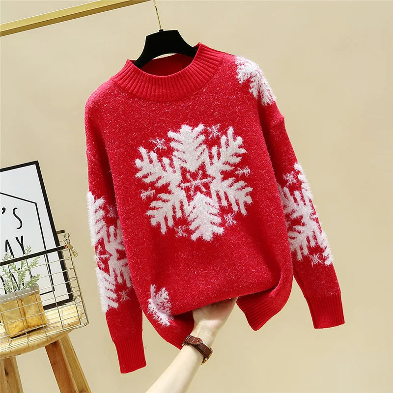 Winter Snowflake Pullover O-neck Casual Knitted Sweater for Women