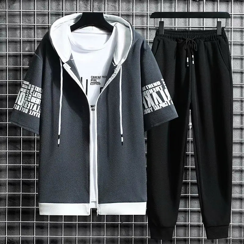 Men's Sets Hooded Zipper Short Sleeve Tops+ Elastic Waist Korean Streetwear Tracksuit