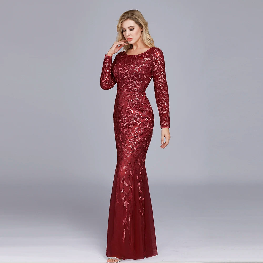 Evening Elegant Formal Dress  O-Neck Full Sleeve Lace Long Party Gown Robe