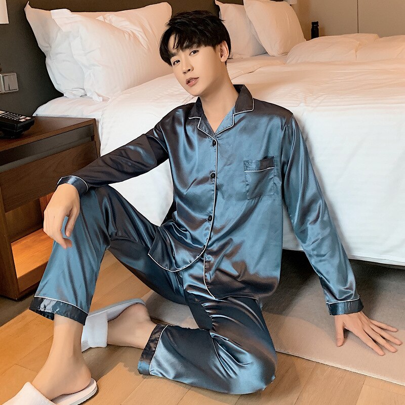 Solid Color Sleepwear Silk Satin Pajamas couple Set Long Button-Down Pyjamas Suit for Men and  Women