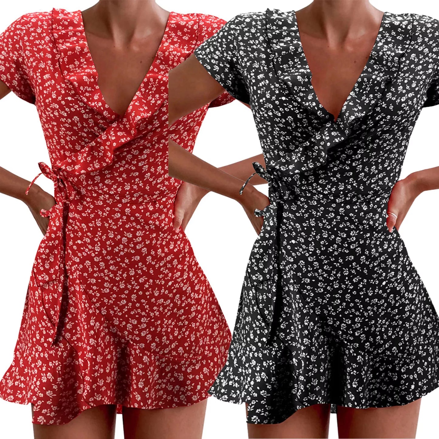 Women’s Short Sleeve V-neck Dress Wrap Summer Elegant Floral Ruffles