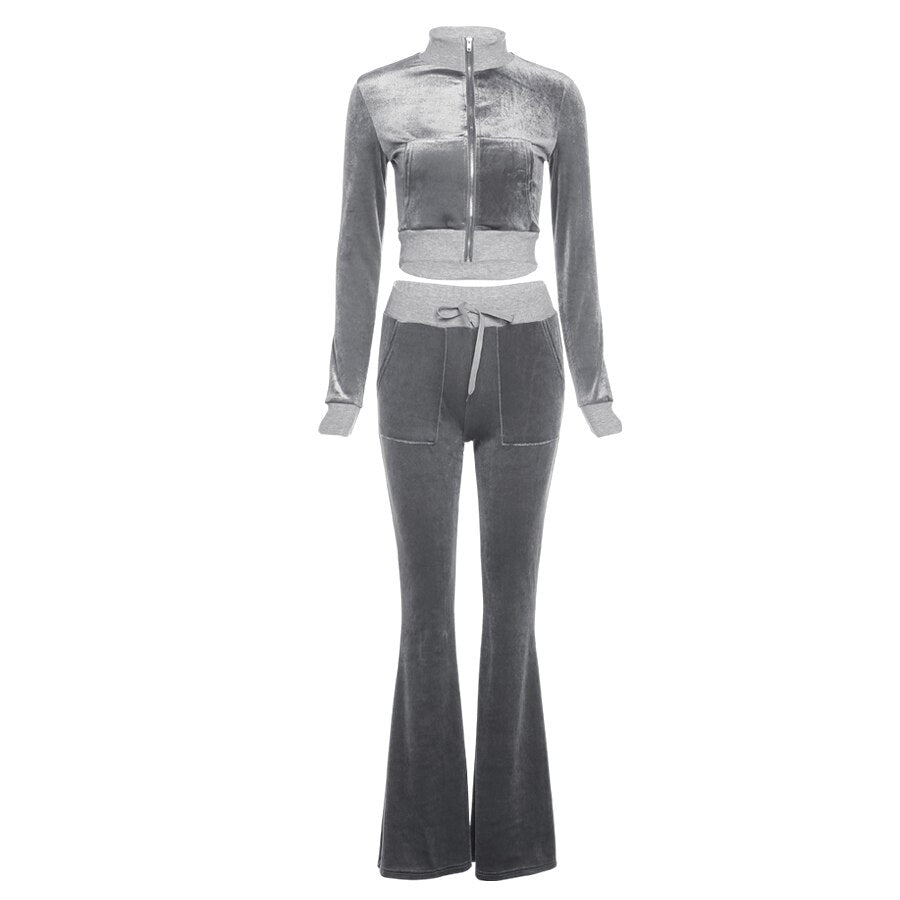 Velvet Casual Women Tracksuit 2 Piece Set Long Sleeve Zipper Sweatshirt Top+Bandage Straight Pants