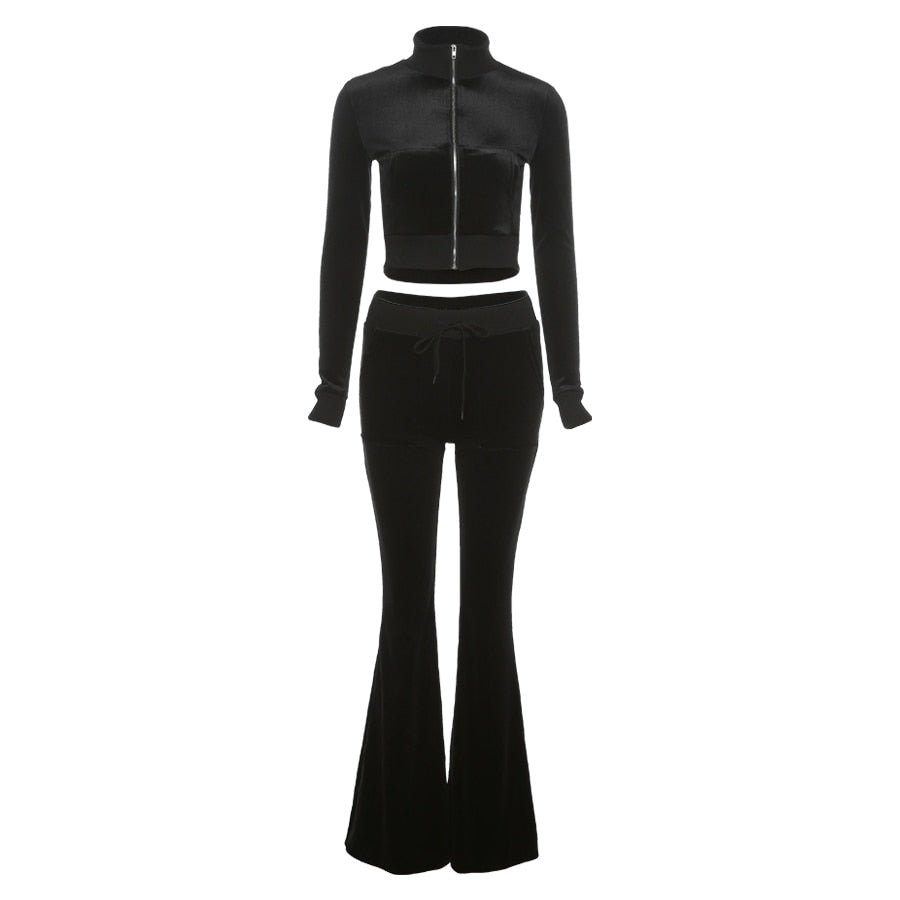 Velvet Casual Women Tracksuit 2 Piece Set Long Sleeve Zipper Sweatshirt Top+Bandage Straight Pants