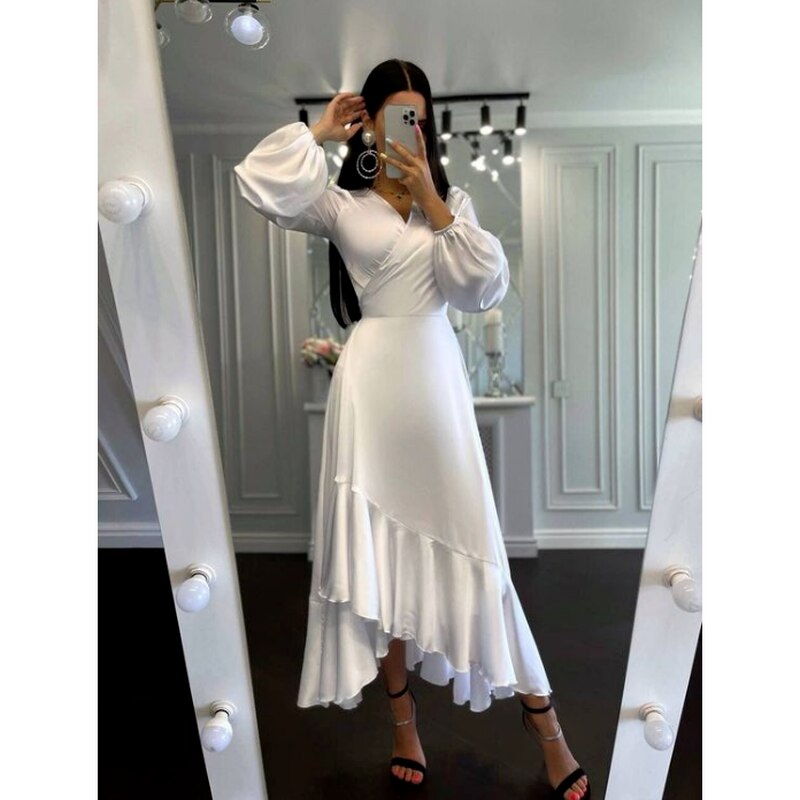 Long Sleeve Sexy V-neck Temperament Waist Irregular Silk Elegant Party Dress for Ladies