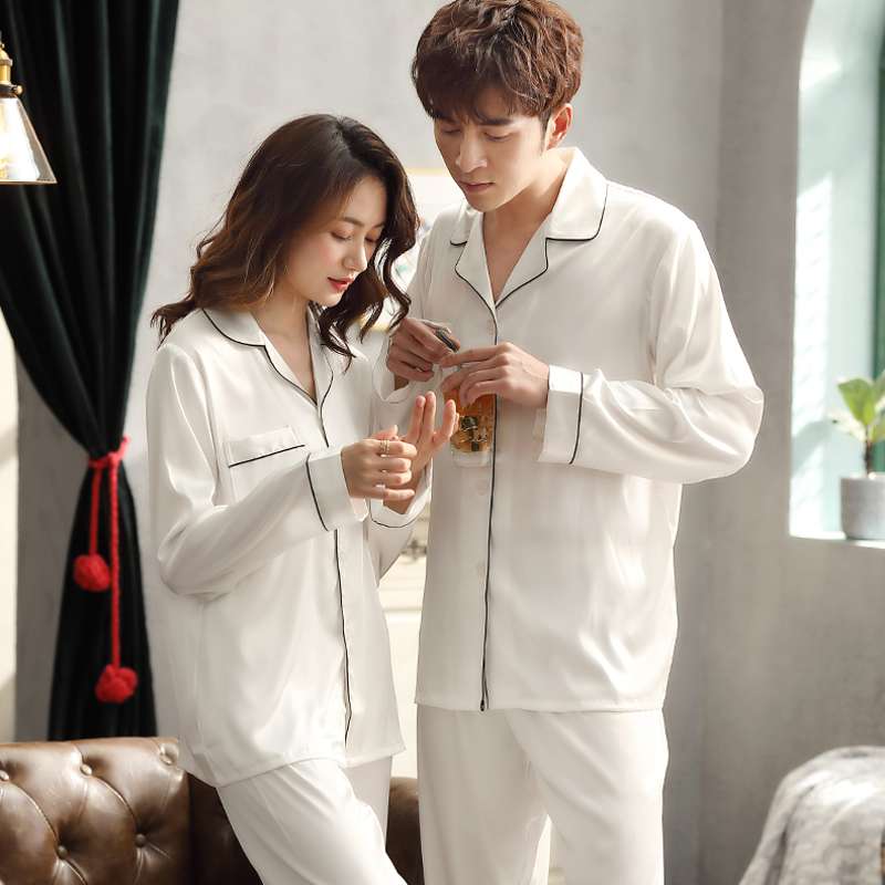 Solid Color Sleepwear Silk Satin Pajamas couple Set Long Button-Down Pyjamas Suit for Men and  Women