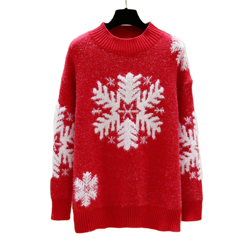 Winter Snowflake Pullover O-neck Casual Knitted Sweater for Women