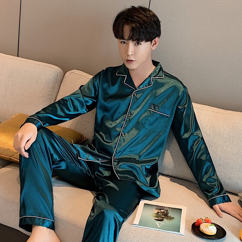 Solid Color Sleepwear Silk Satin Pajamas couple Set Long Button-Down Pyjamas Suit for Men and  Women