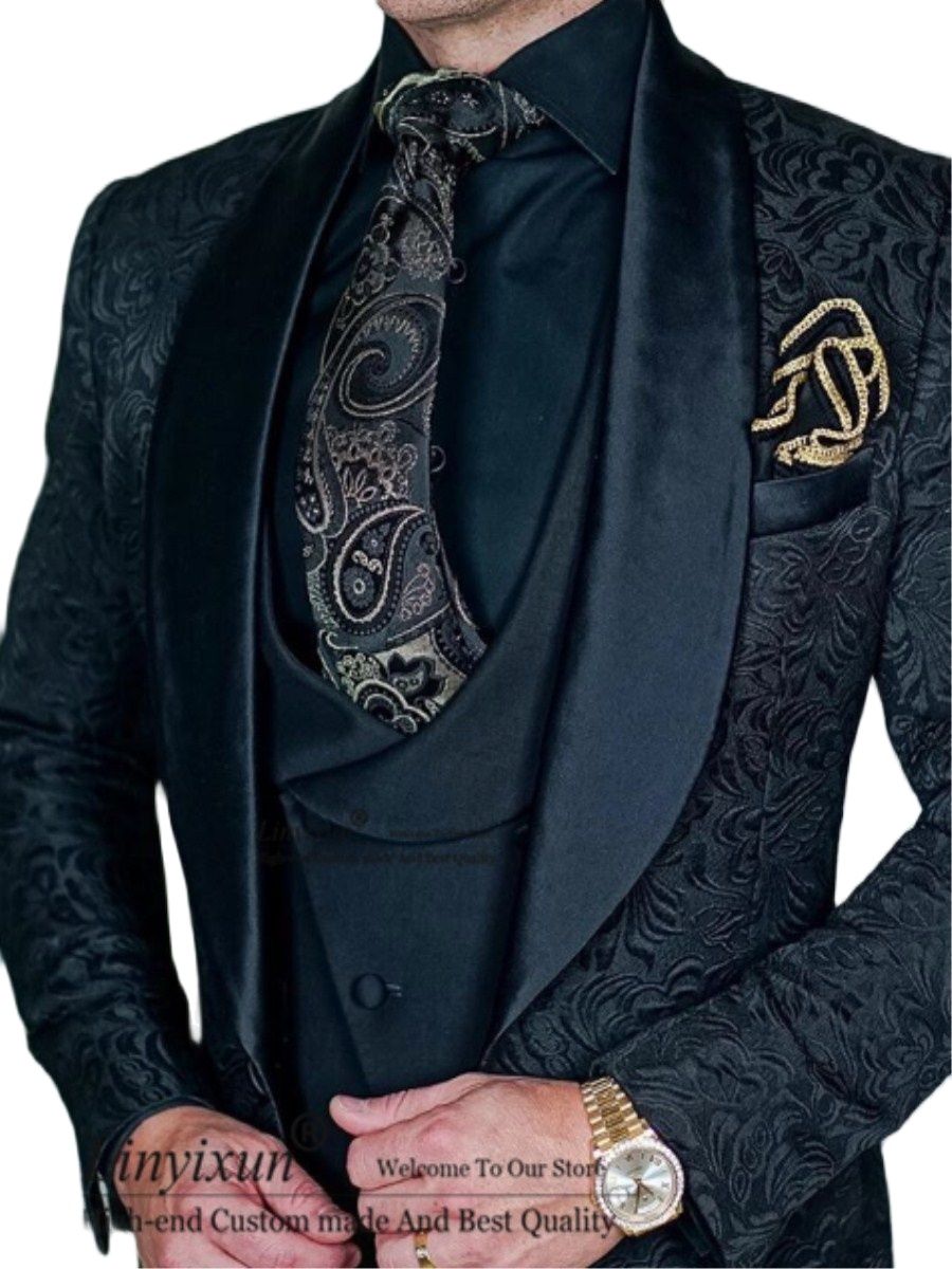 Tailor-Made Burgundy Wedding Men Suits Slim Fit  3 Pieces Suits Groom Prom Jacquard Blazer Suits