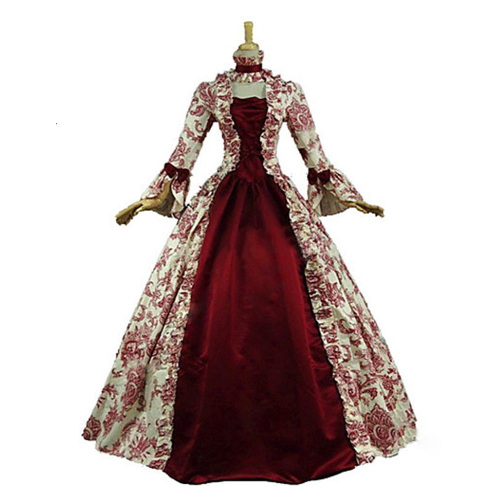 Women Cosplay Marie Antoinette Dress Medieval Flare Sleeve Victorian Gothic Floral Robe Plus Size