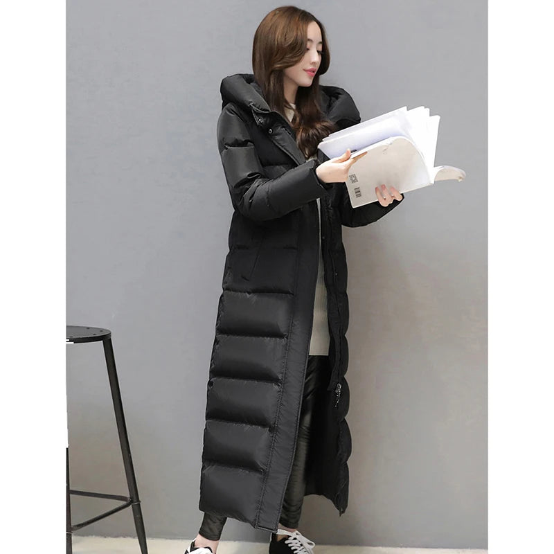 Women's super long down jacket Warm winter puffer Thick coat Hooded zipper