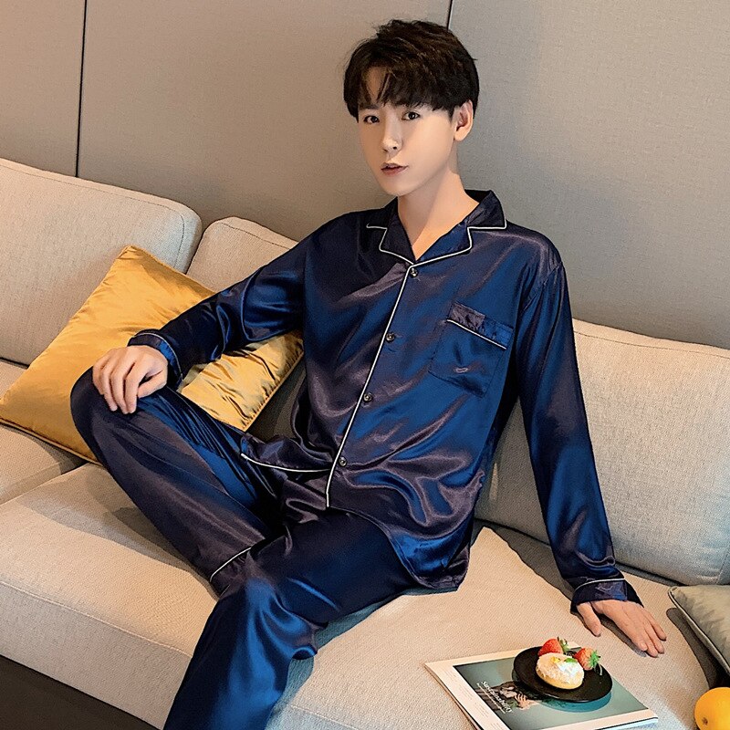 Solid Color Sleepwear Silk Satin Pajamas couple Set Long Button-Down Pyjamas Suit for Men and  Women