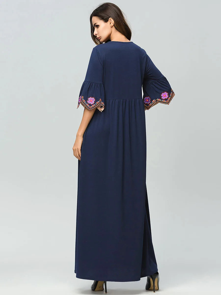 Middle Sleeve Muslim Fashion Plus Size Dress for Women Floral Elegant Embroidery with Multiple Folds