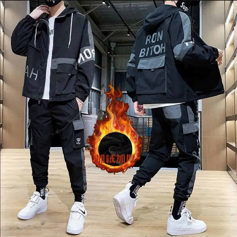 Men's Autumn Winter Sportswear Sets Fashion Two Piece Plus Velvet Thickening Jacket