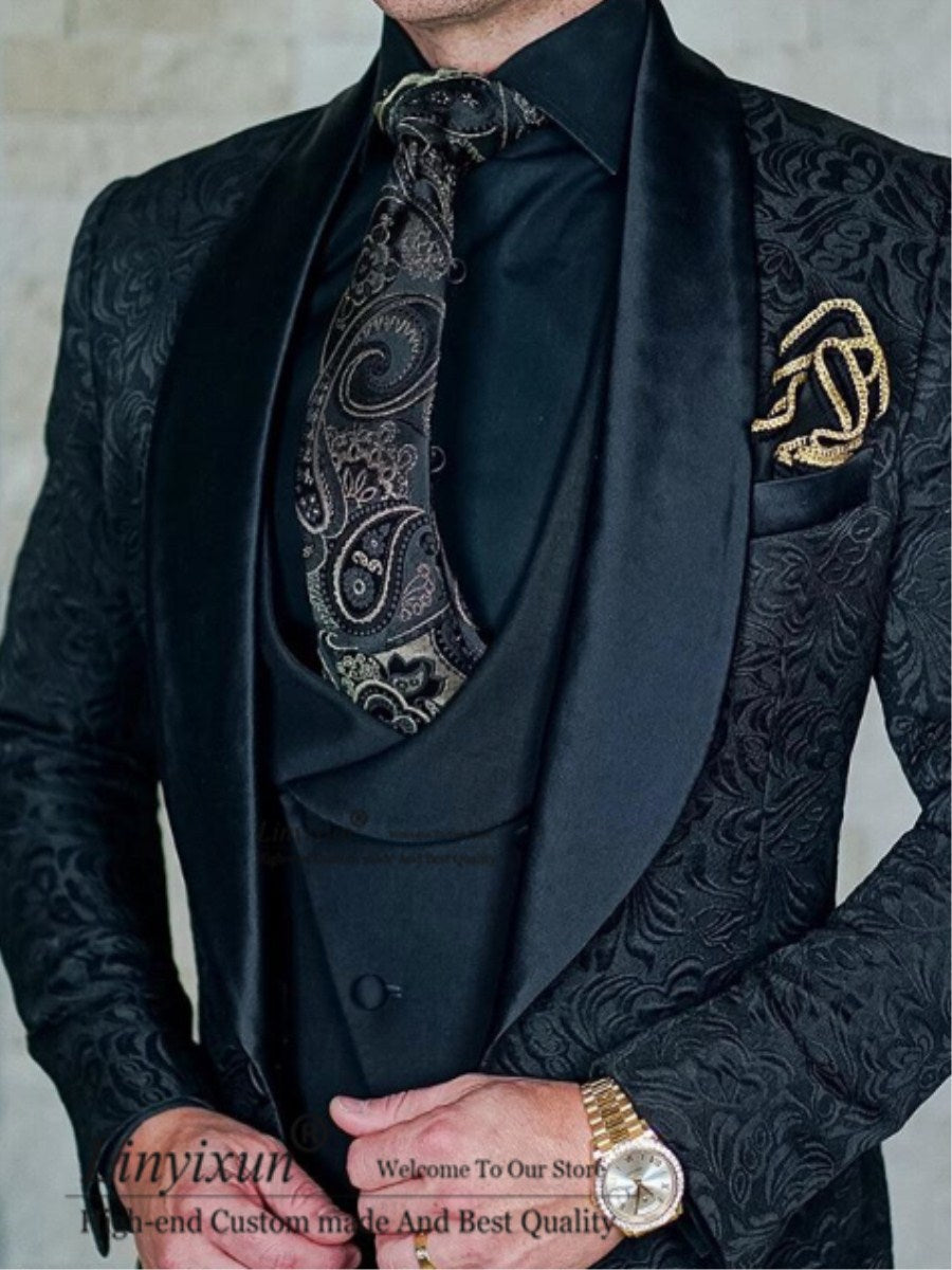 Tailor-Made Burgundy Wedding Men Suits Slim Fit  3 Pieces Suits Groom Prom Jacquard Blazer Suits