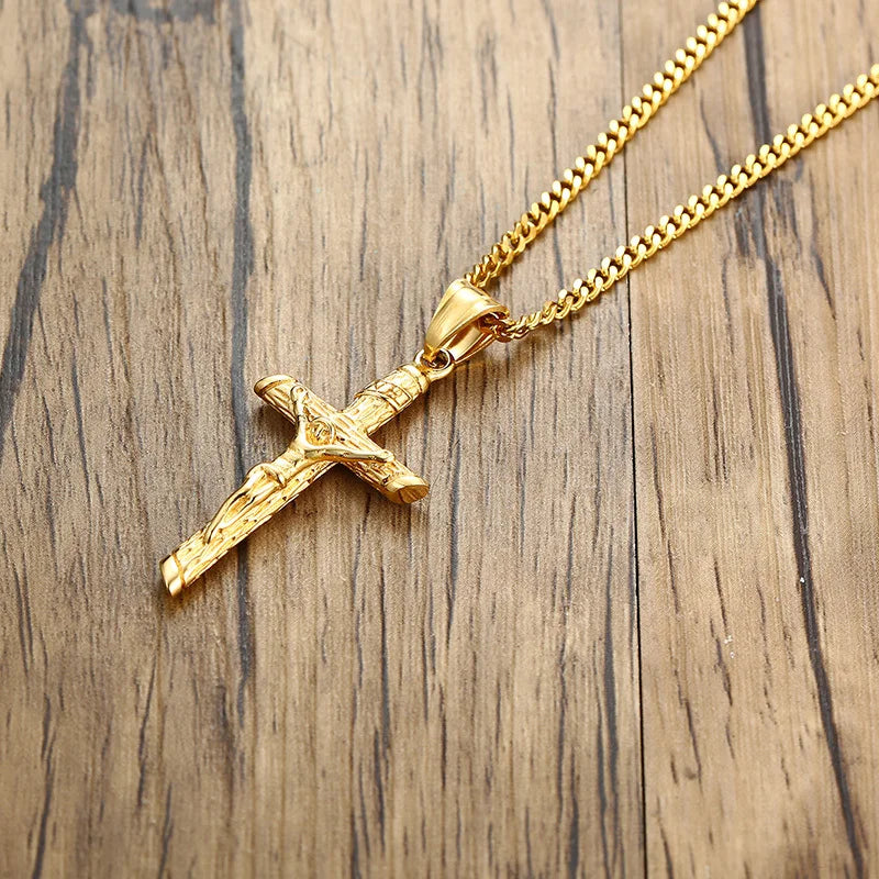 Vnox Cross Unisex Necklace Jesus Pendant,Gold Color Stainless Steel