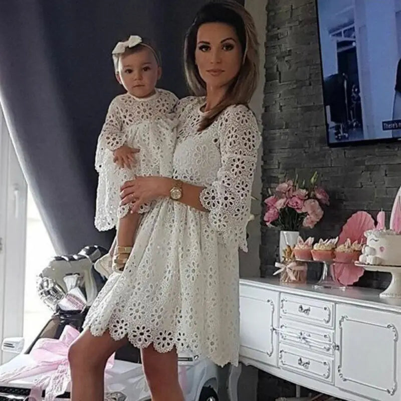 Fashion Family Matching Clothes – White Hollow Floral Lace Dress for Mother &amp; Daughter