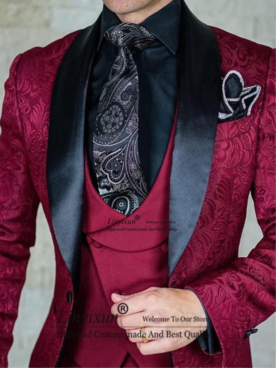 Tailor-Made Burgundy Wedding Men Suits Slim Fit  3 Pieces Suits Groom Prom Jacquard Blazer Suits