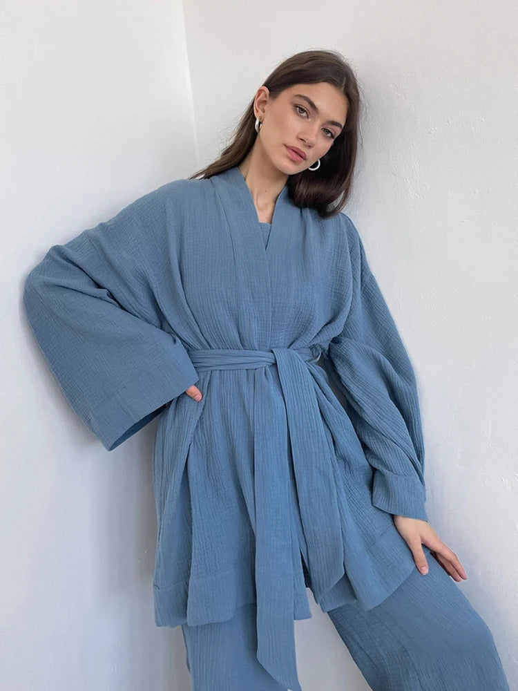 Pure Cotton Women's Nightgown Robe Pajama Sets Drop Sleeves 2 Pieces set