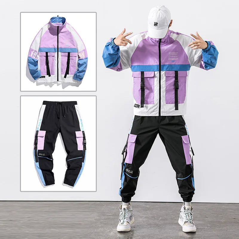 Hip Hop Sweatsuit Suit Men's Tracksuit Jacket+Pants Loose Zipper  Sportswear Set