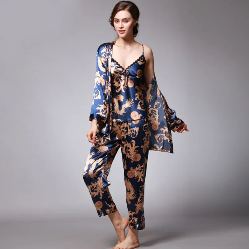 Women Silk Sexy Summer Lingerie Satin Dragon Long Sleeve  Korean Three Piece Pajama Sets Gown