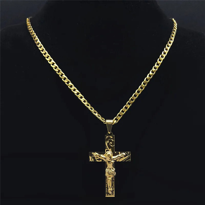 Hip Hop Christian Cross Stainless Steel Gold Color Long Necklace for Women/Men