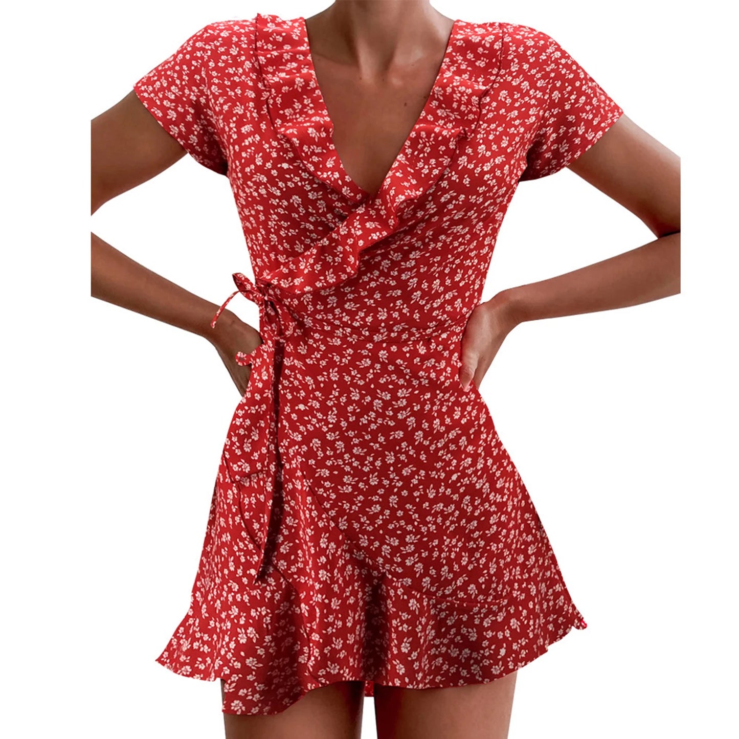 Women’s Short Sleeve V-neck Dress Wrap Summer Elegant Floral Ruffles